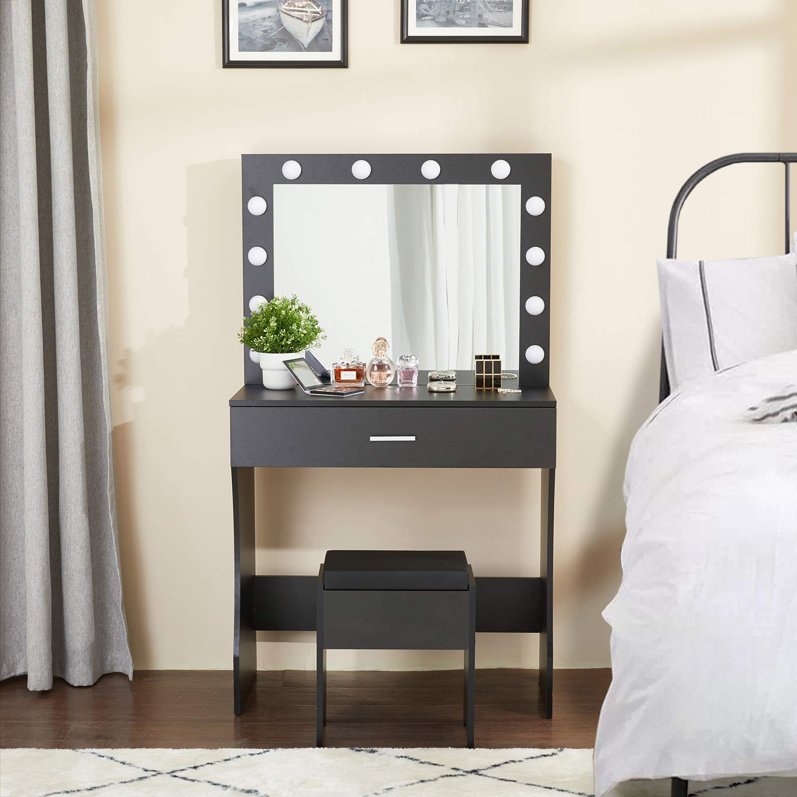 Lighted Vanity Table Set with Mirror for Women & Girls - Makeup Vanity Desk with Large Drawers, Cushioned Stool & Extra Storage | Perfect for Bedroom, Dressing Room & Beauty Salon