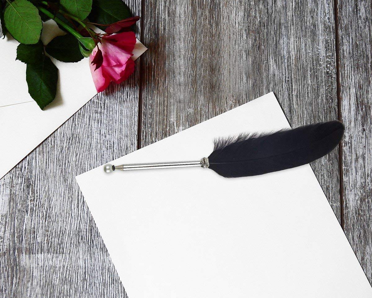 Natural Feather Ballpoint Pen with Black Ink - Luxury Handwriting Stationery for Kids, School Writing & Signatures | Perfect for Calligraphy, Gift Giving & Vintage-Themed Events