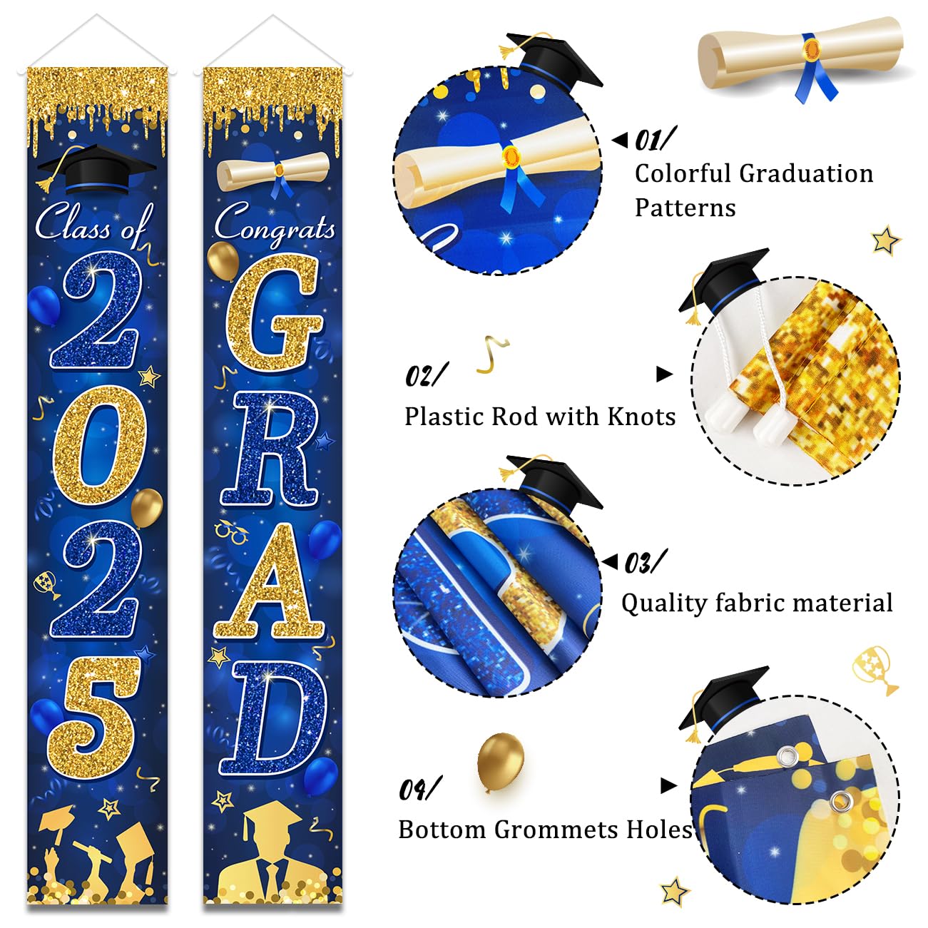 Blue and Gold Graduation Decorations for Class of 2025 - Congrats Grad Banner & You Did It Door Cover - High School & College Party Supplies - Perfect for Graduation Ceremonies, Parties & Photo Backdrops
