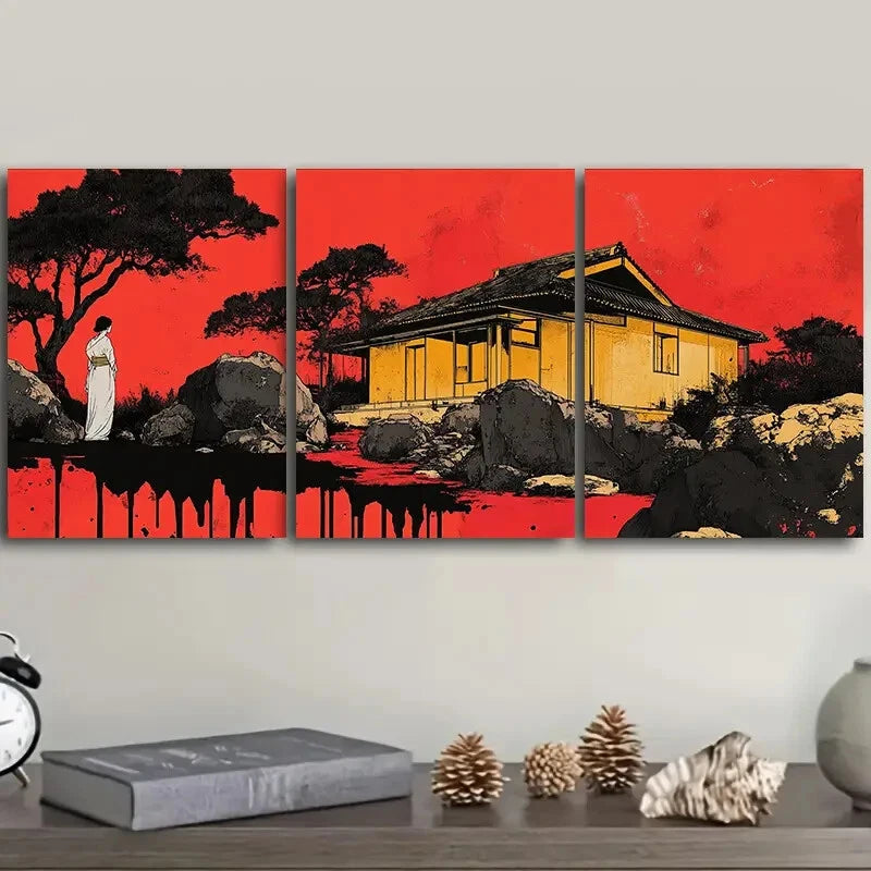3-Piece Ancient Buildings Art Painting Metal Print - Ready to Hang Wall Decor for Living Room, Bedroom & Office