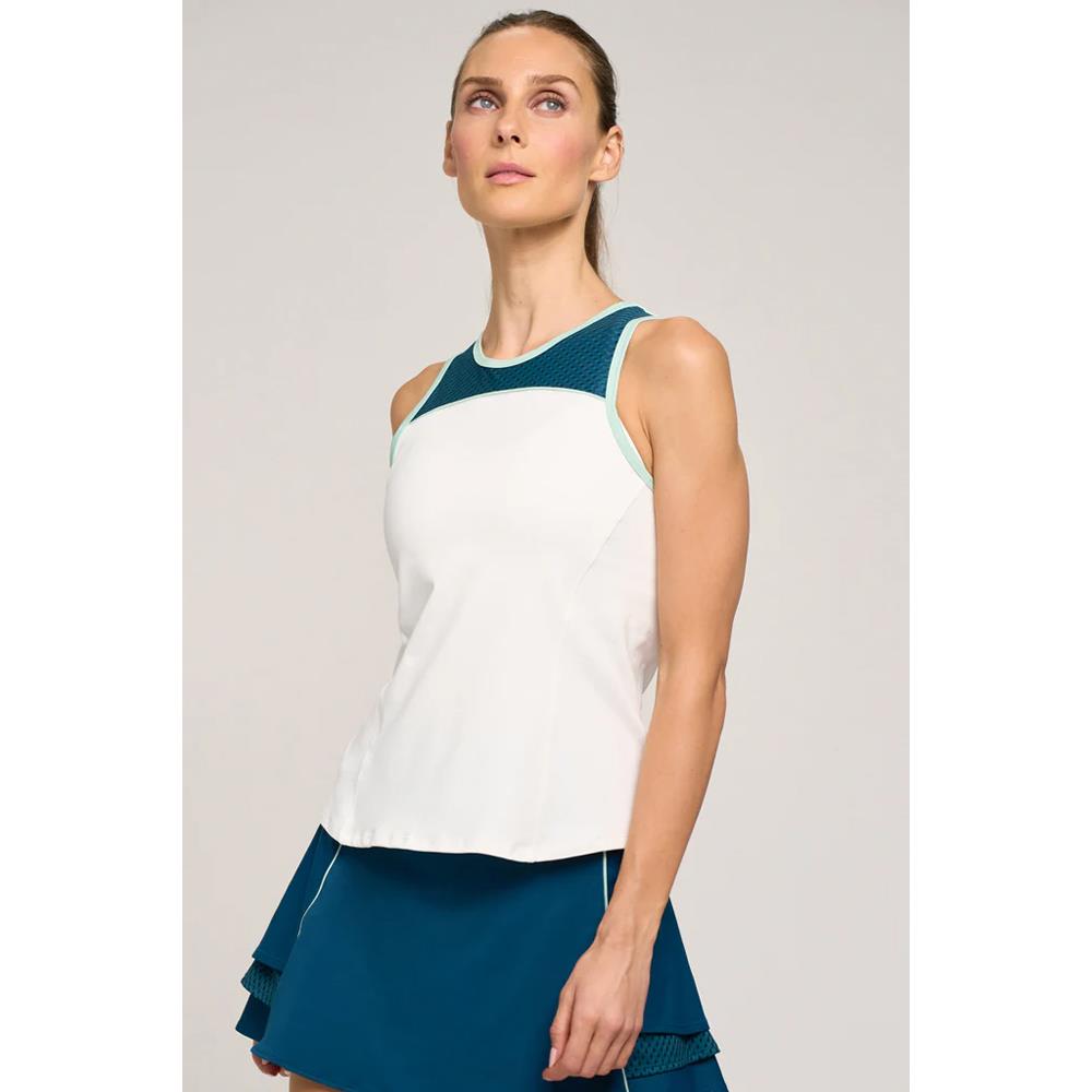 Lija Women's Time To Shine Superior Tank Top - White & Harbor Blue | Workout, Yoga & Casual Wear | Breathable & Comfortable Activewear