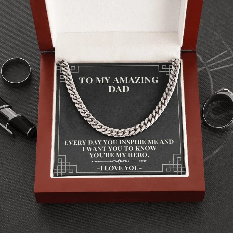Personalized Cuban Link Chain Necklace for Dad - Custom Engraved Gift from Daughter or Son with Message Card - Birthday, Father's Day Present - Daily Inspiration Jewelry - Perfect for Work, Special Occasions & Everyday Wear