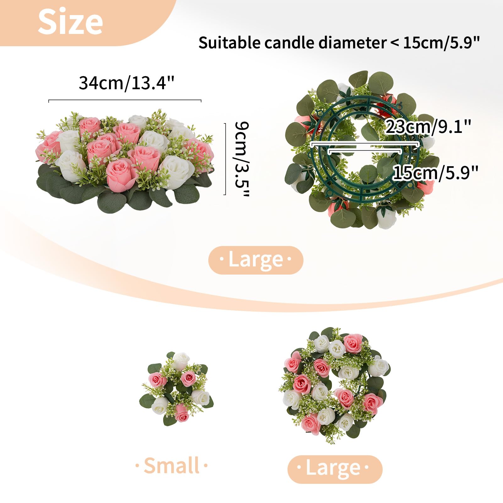 NUPTIO 6-Pack 14 Inch Artificial Flower Candle Rings - Pink & White Fake Roses Wreath for Wedding Centerpieces, Table Decor, Front Door Wreath, Spring Summer Party & Ceremony Decorations - Perfect for Weddings, Baby Showers, and Home Decor