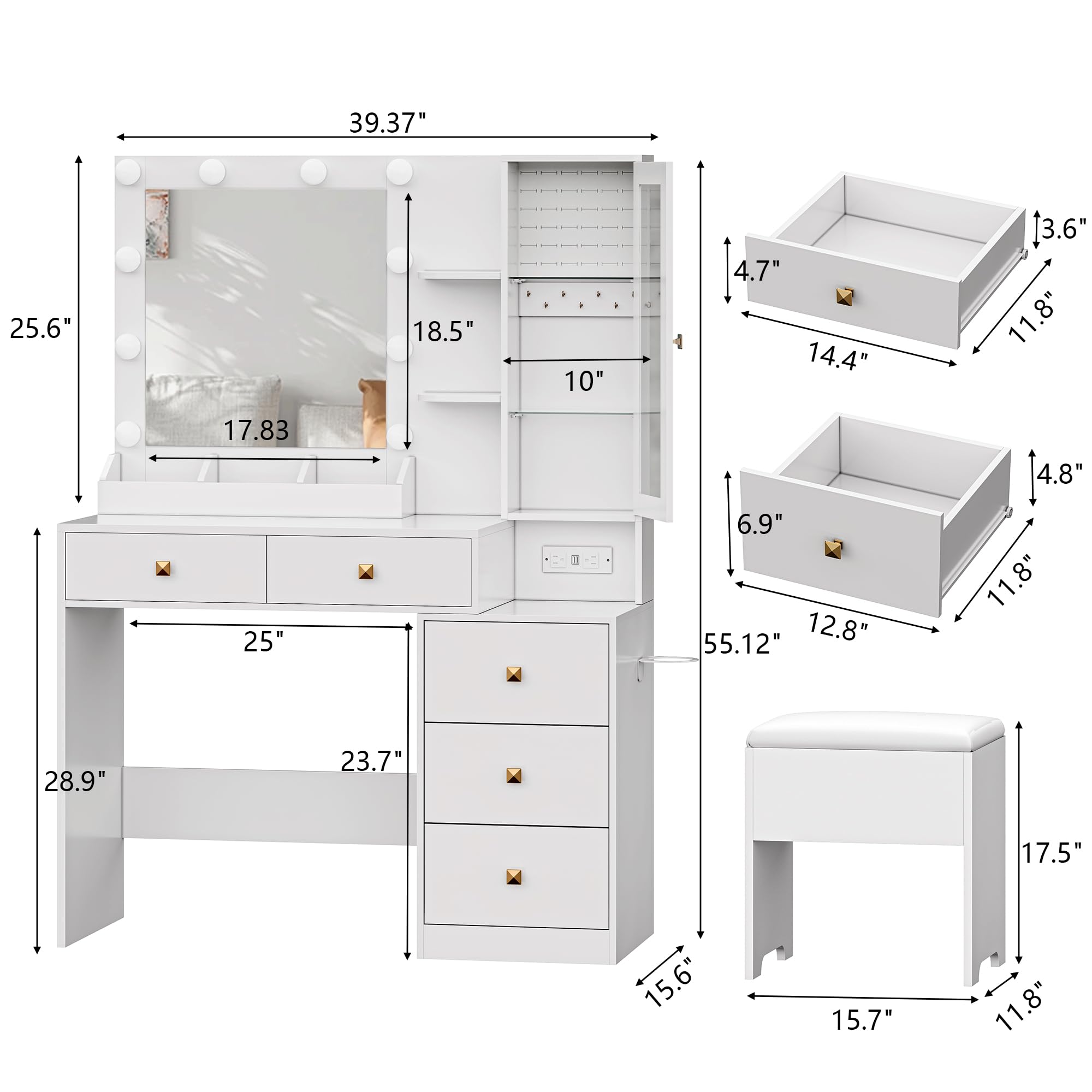 White Vanity Desk with LED Mirror & Lights - 5 Drawers Makeup Vanity Set with Hidden Jewelry Organizer, Adjustable Brightness & 3 Light Modes - Includes Glass Cabinet & Chair for Bedroom, Dressing Room or Beauty Salon