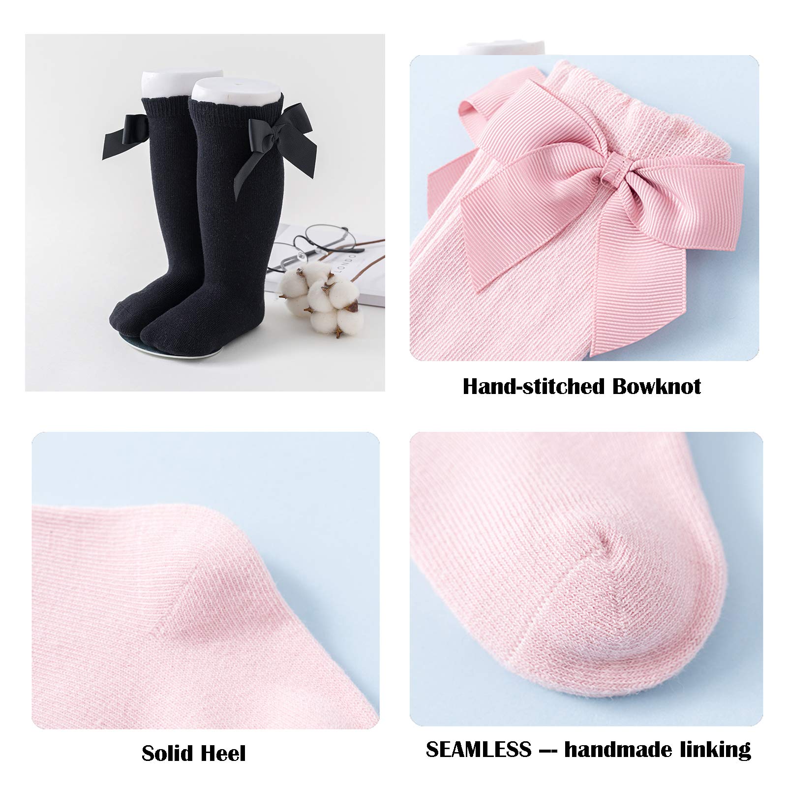 **Baby Girls Knee High Socks with Bows - Soft Cotton Knit Long Stockings for Infants & Toddlers (5 Pairs) - Perfect for Playtime, School & Special Occasions**