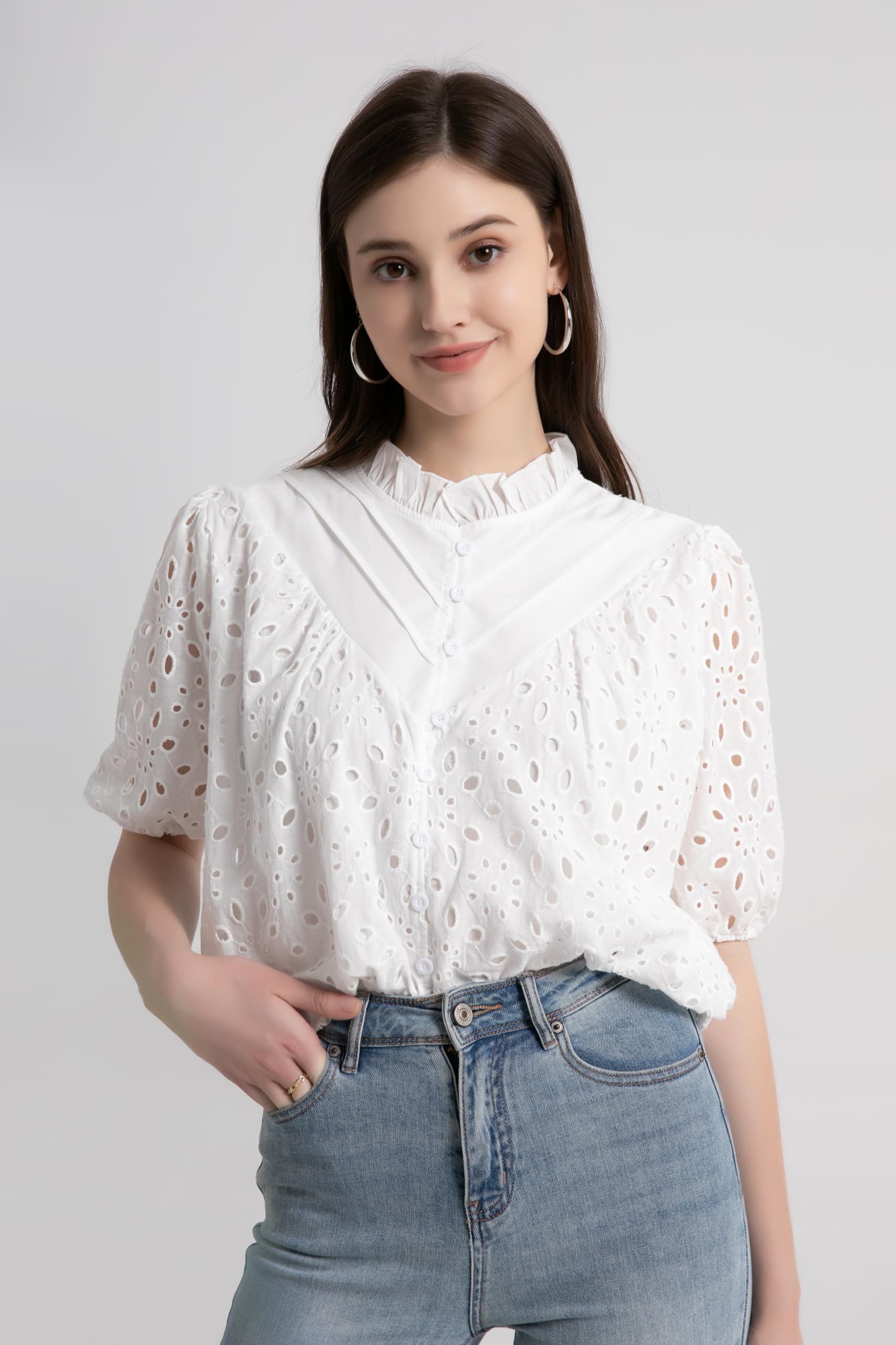 Yimoon Women's White V-Neck Embroidered Eyelet Blouse - Puff Sleeve Hollow Out Button Down Shirt for Casual & Dressy Occasions - Perfect for Office, Date Night, and Summer Outfits