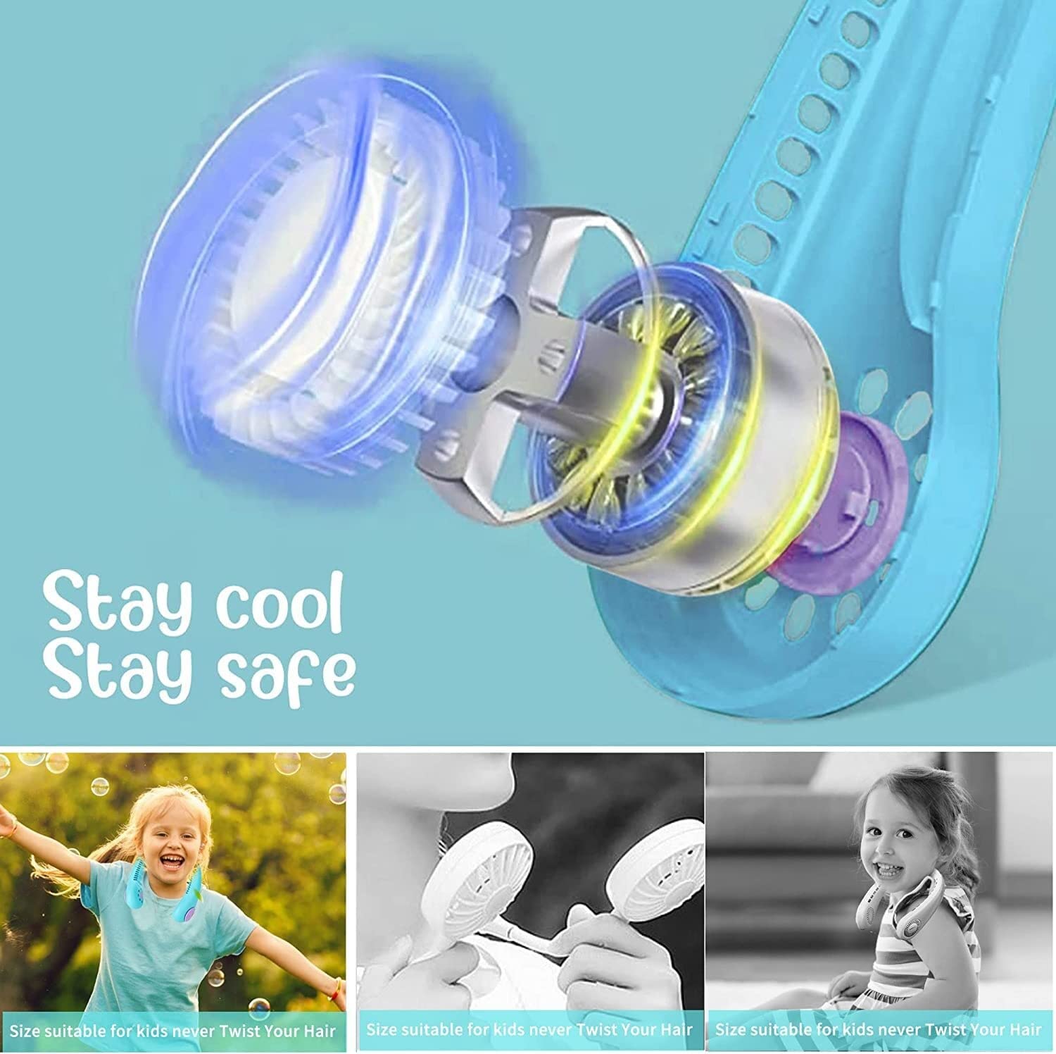 Portable Kids Neck Fan - Mini Leafless USB Rechargeable Cooling Fan with Adjustable Speed - Wearable Personal Fan for Children - Cartoon Headphone Design - Perfect for School, Outdoor Activities, Sports & Travel