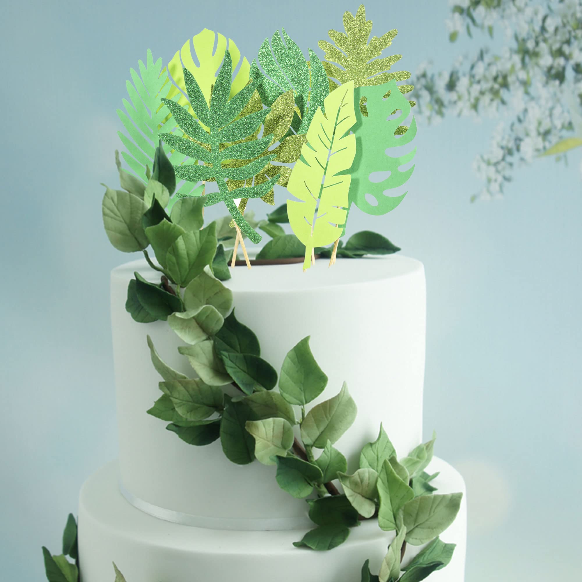 16Pcs Glitter Tropical Leaves Cake Toppers - Palm Leaf & Greenery Wedding Cake Decorations for Jungle Theme Birthday Party, Safari Baby Shower, Tropical Party Decor - Perfect for DIY Cakes, Cupcakes, and Dessert Table Centerpieces