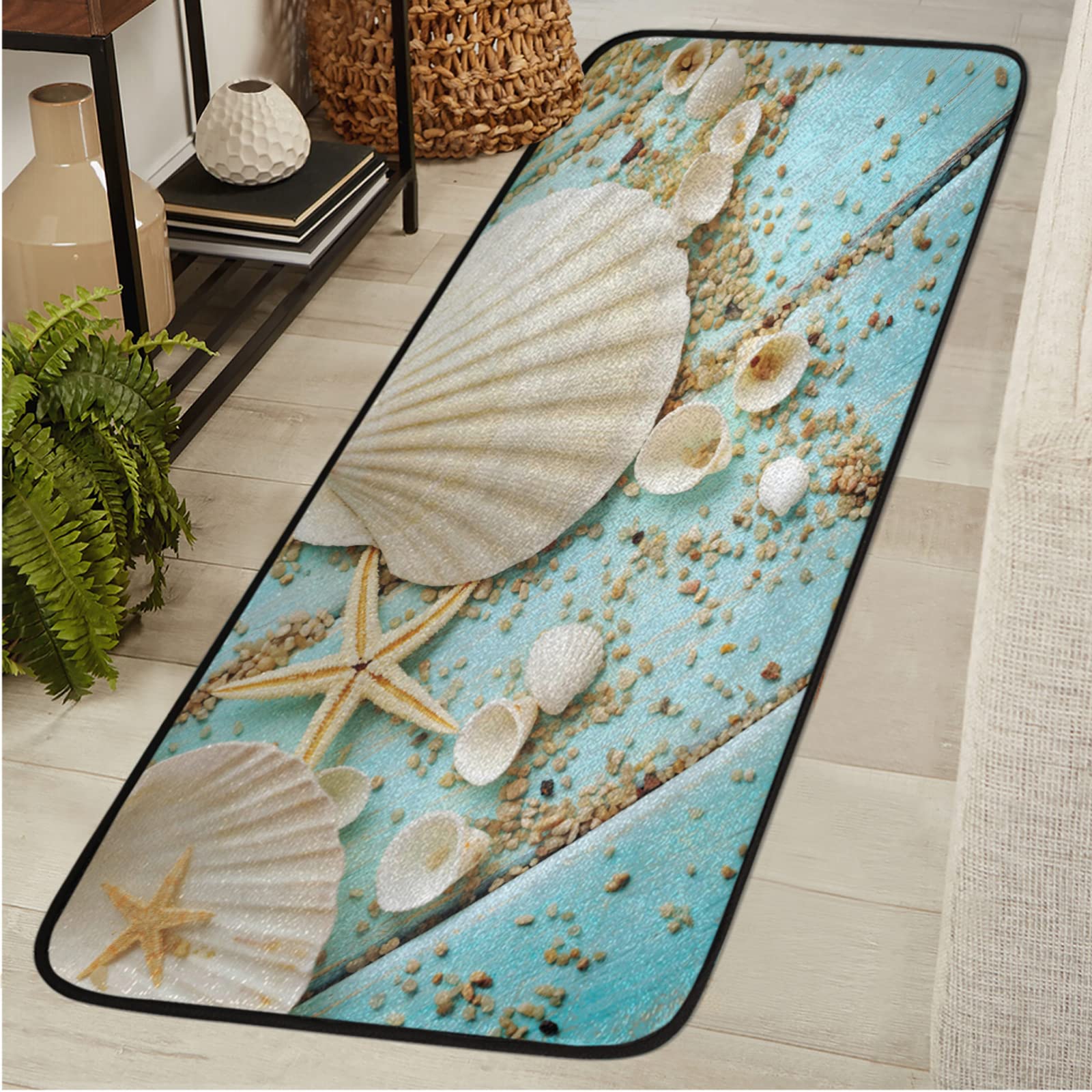 Starfish and Seashell Runner Rug 2'x6' - Non-Slip Washable Runner for Kitchen, Laundry Room, Bedroom, Bathroom & Hallway - Coastal Decor Entryway Rug Perfect for Beach House, Bath Mat & Floor Decor