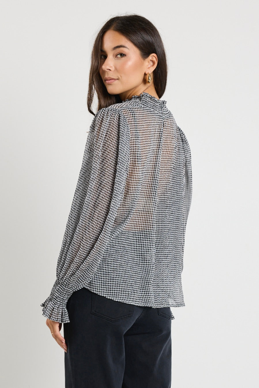 Stylish Black Gingham Shirred Neck Long Sleeve Top for Women - Perfect for Office Wear, Date Nights & Casual Outfits