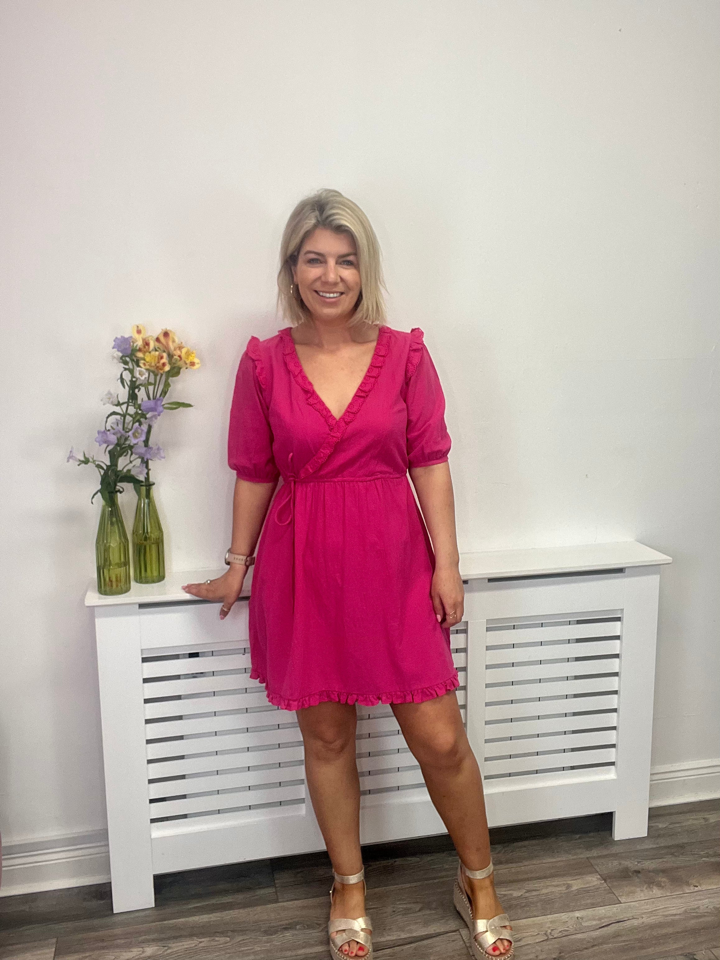 Lipa V-Neck Dress - Women's Flowy Pink Yarrow Summer Dress for Casual Wear, Beach Outings & Date Nights
