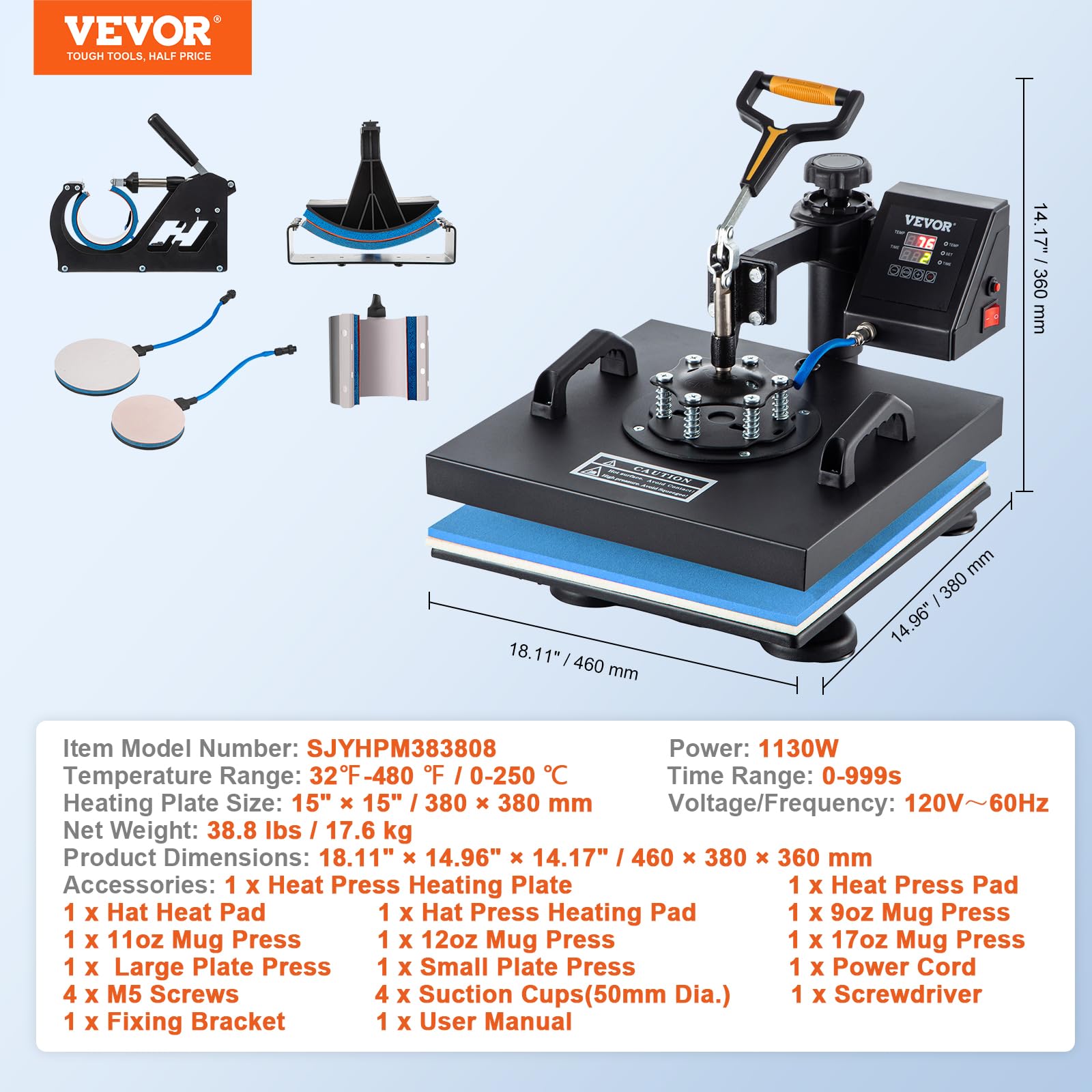 VEVOR 15x15 Inch 6-in-1 Heat Press Machine with Digital Display & 360° Swing Away - Professional T-Shirt Printing, Sublimation for Hats, Mugs, Plates & Caps - Perfect for DIY Crafts, Small Business & Custom Apparel Projects