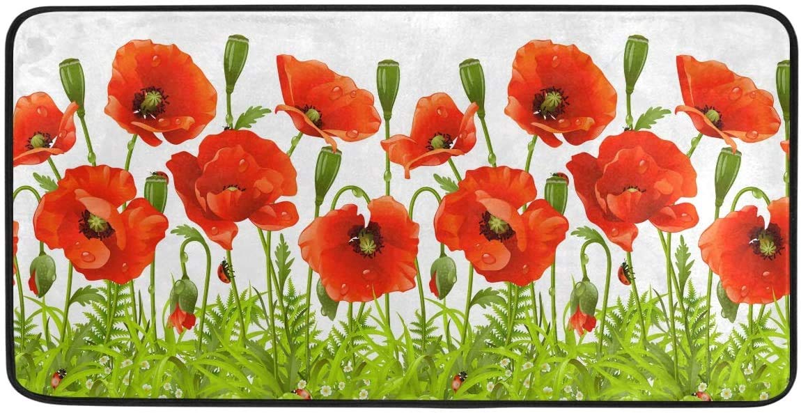 MOYYO Red Poppy Flowers Anti-Fatigue Kitchen Mat - Non-Slip, Oil Resistant, Easy Clean Floor Rug for Indoor/Outdoor Use - Perfect for Kitchen, Bathroom & Entryway Decor