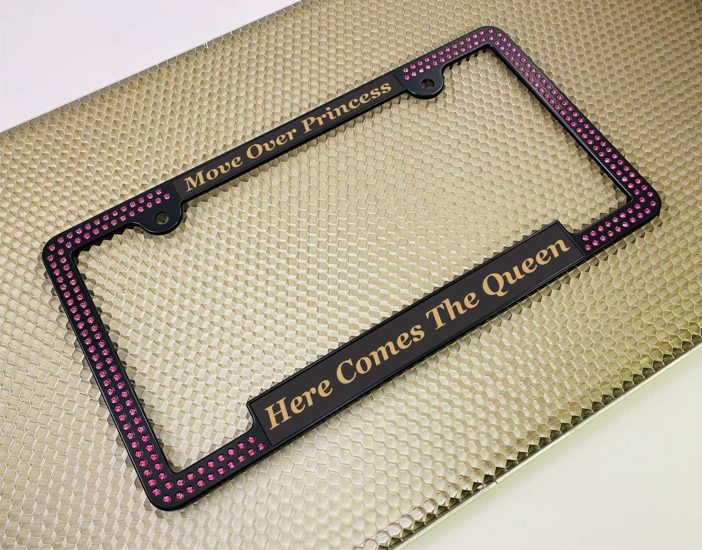 Custom Laser Engraved Black & Gold Metal License Plate Frame with Pink Crystals - Personalized Text Design, Free Caps - Perfect for Cars, Trucks, and Motorcycles