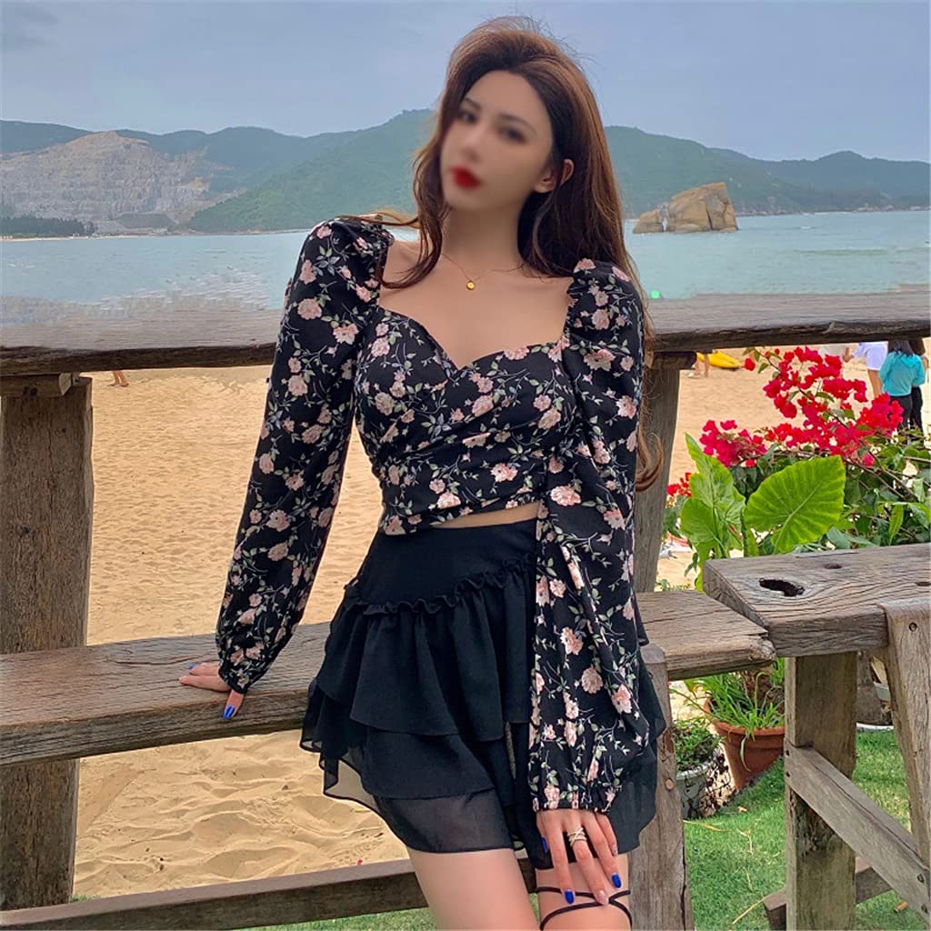 JJZXC Women's Summer Floral Print V-Neck Chiffon Top - Sexy Bandage Long Sleeve Blouse with Exposed Navel Design (Color A, Size S) | Perfect for Beach Outings, Date Nights & Casual Summer Fashion