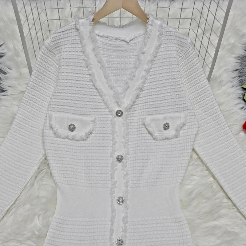 Autumn 2024 Women's Fashion White V-Neck Long Sleeve Single Breasted Knit Dress - Elegant Office Wear for Work & Formal Occasions