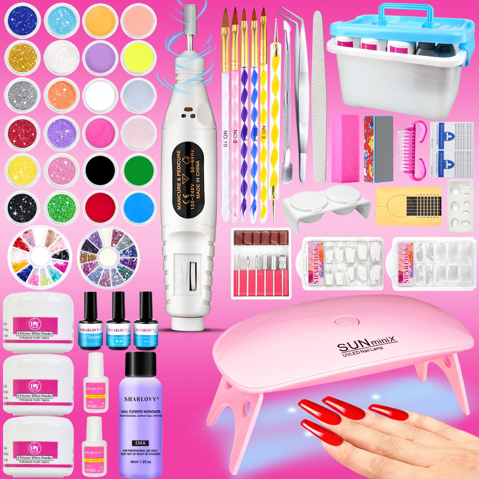Professional Acrylic Nail Kit for Beginners - Complete Set with Acrylic Powder, Glitter Nail Art Tips, Nail Drill & UV LED Lamp (Multicolor) | Perfect for Home Manicures, Salon Use & DIY Nail Art