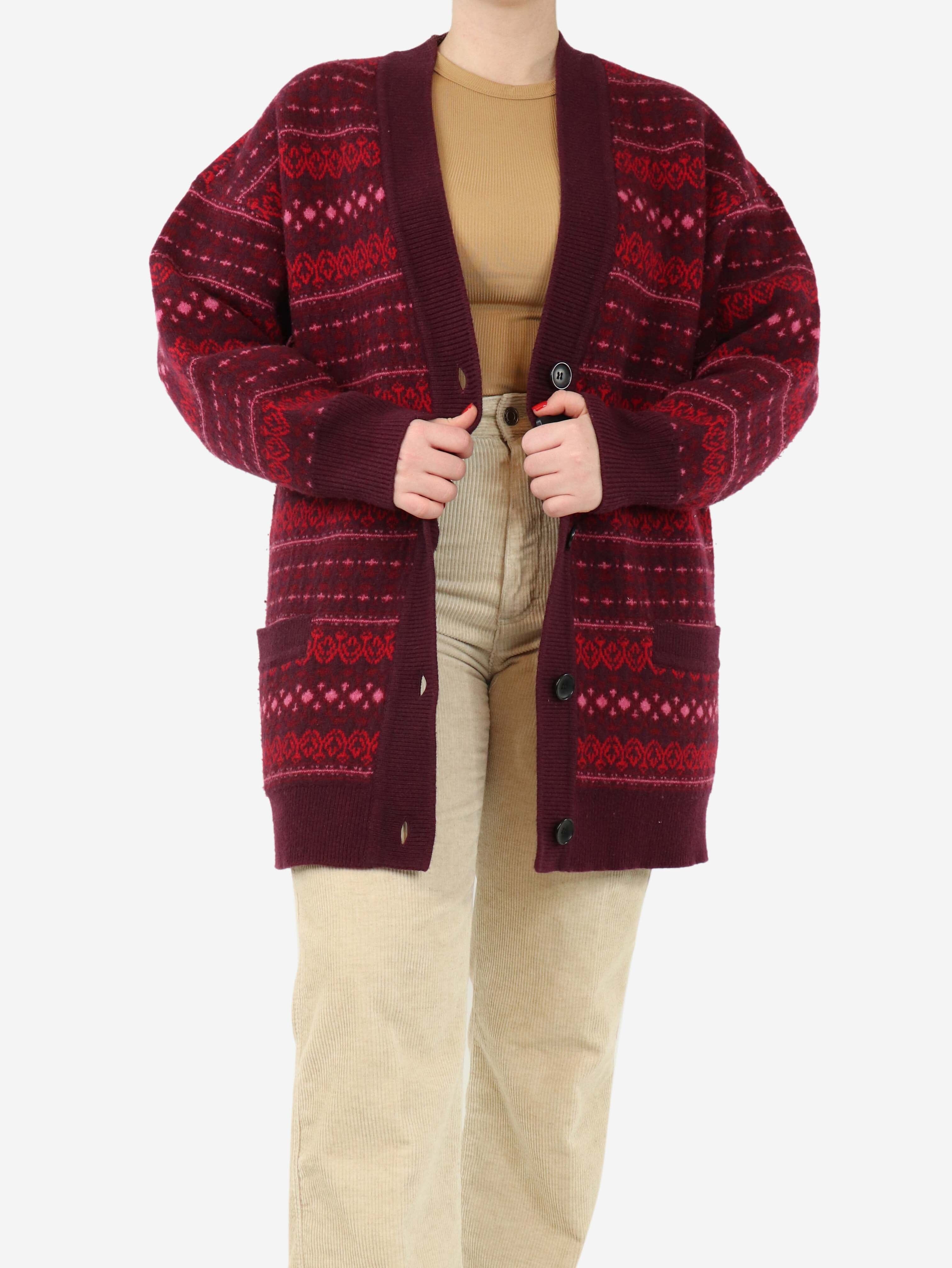 Burgundy Fair Isle Wool Cardigan for Women - UK Size 12 | Warm Winter Knit Sweater for Holiday Parties & Casual Outfits