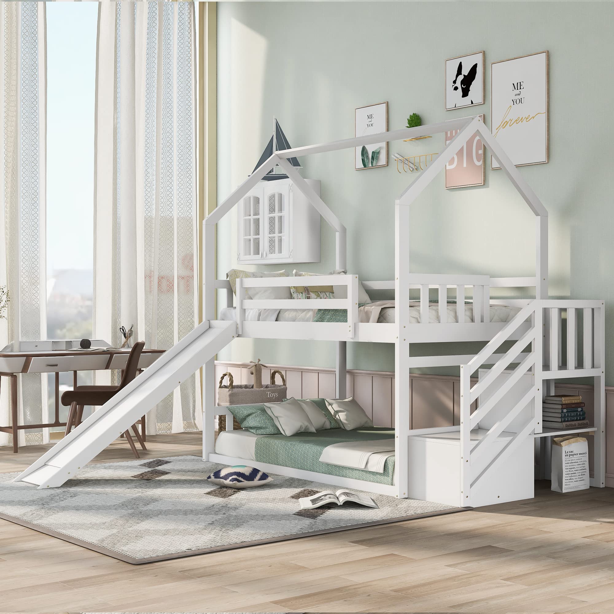 Goohome Twin Over Twin Wooden Bunk Bed with Convertible Slide & Storage Staircase - Low Loft Bed with Roof, Guard Rails & Wooden Frame for Kids, Teens - Perfect for Small Bedrooms, Shared Kids Rooms & Space-Saving Sleep Solutions