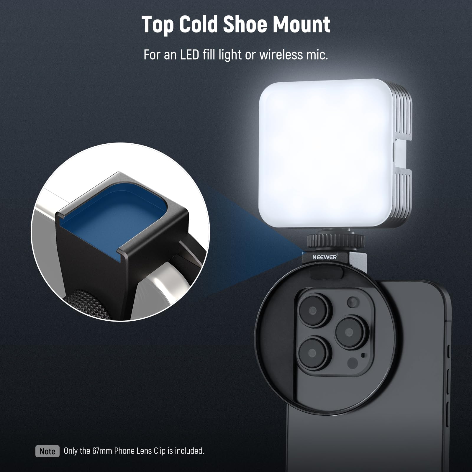NEEWER Upgraded 67mm Phone Filter Mount with Cold Shoe & Locking Knob - Compatible with iPhone 16/15 Pro Max/14/13 & Samsung Galaxy S24/S23/S22 Ultra - Perfect for Mobile Photography & Videography
