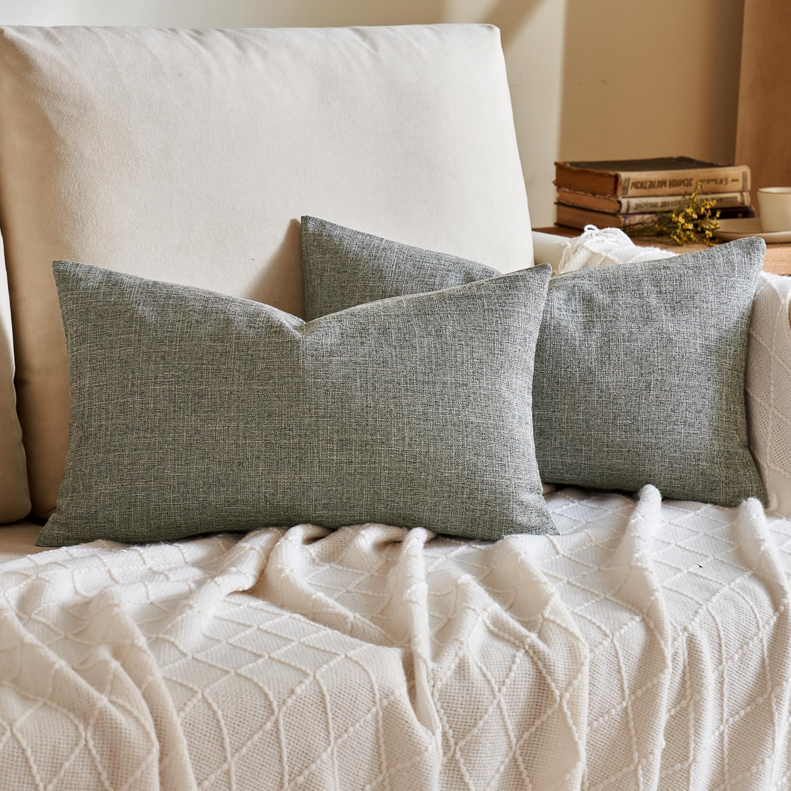 ANRODUO 2 Pack Decorative Linen Burlap Pillow Covers - 12x20 Inch Square Solid Throw Cushion Cases for Sofa, Couch, Car, Bedroom & Living Room - Grey Home Decor Accent Pillows