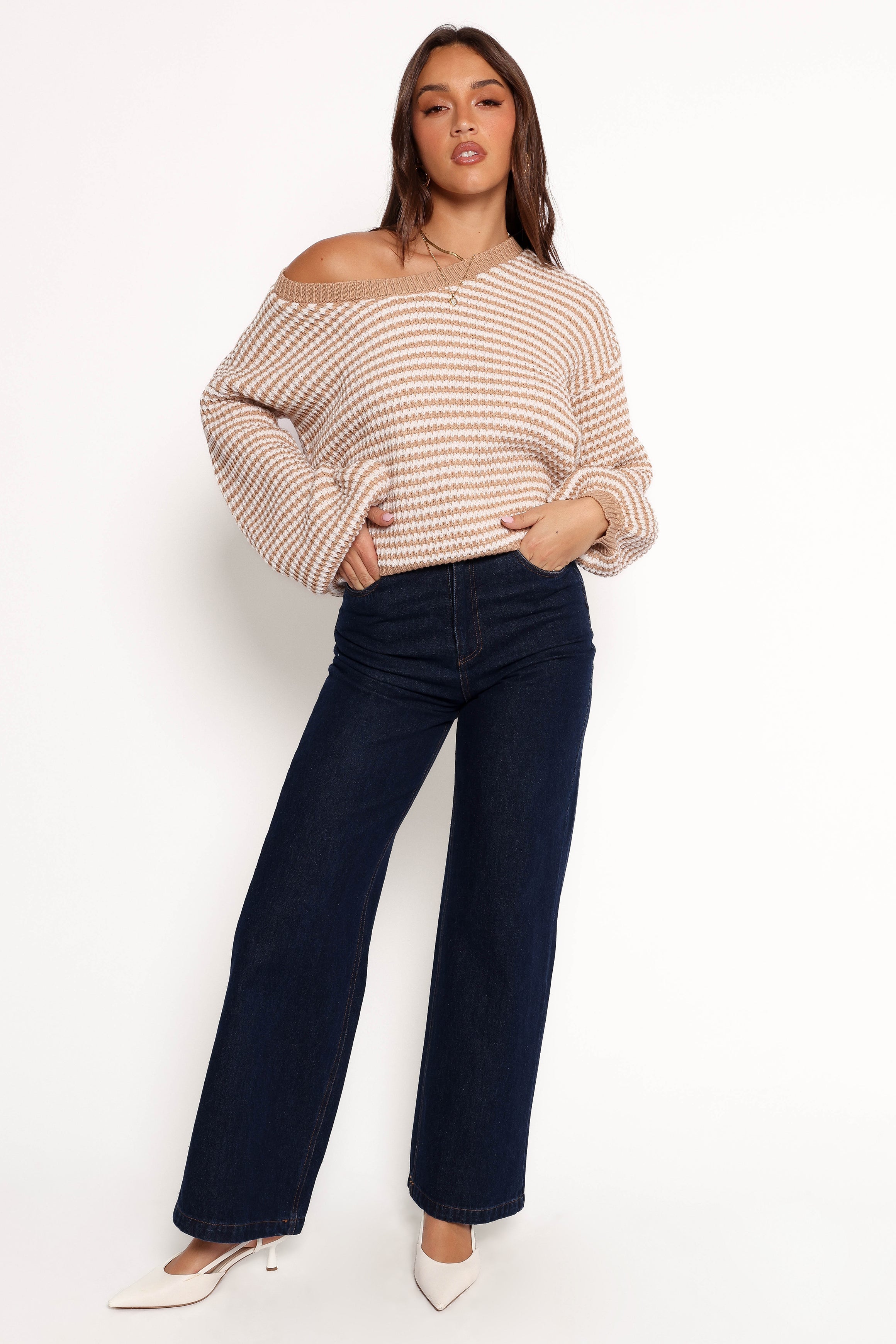 Becca Crewneck Waffle Stitch Stripe Knit Sweater for Women - Soft Cotton Blend Pullover in Tan - Perfect for Fall & Winter Layering, Casual Outfits and Cozy Home Wear