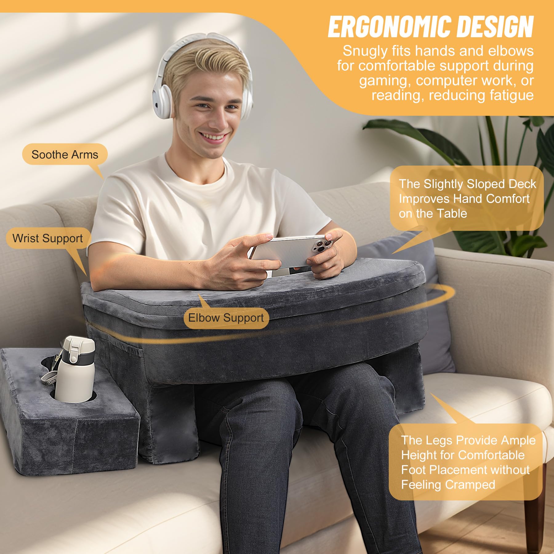**Memory Foam Reading & Gaming Pillow for Adults - Lap Desk Pillow with Coaster, Soft Arm Rest Support for Bed, Floor, Sofa - Perfect for Reading, Working, Gaming & Relaxing (Grey)**