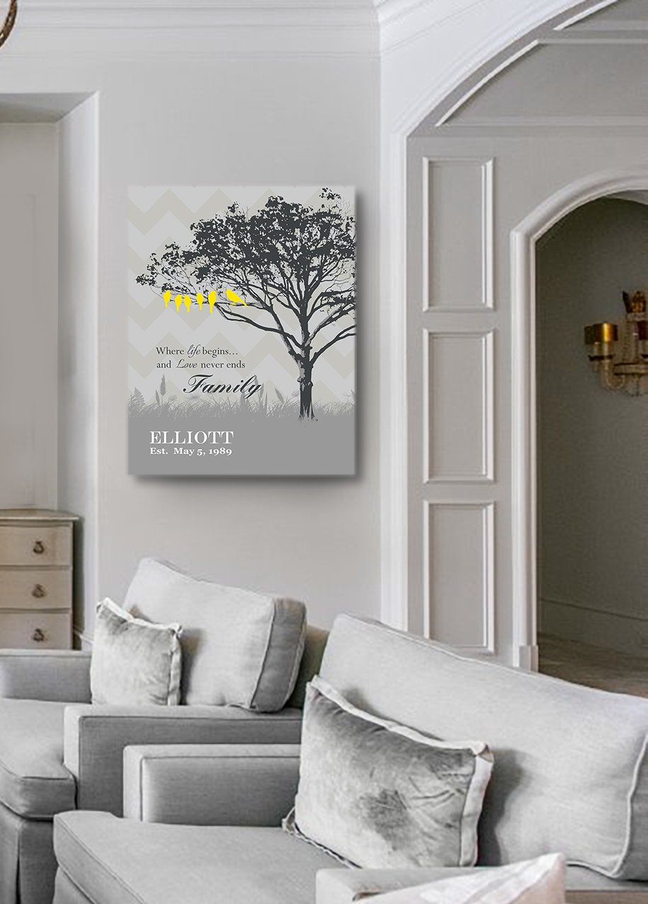 Personalized Canvas Wall Art - Custom Family Tree & Lovebirds Design with Names & Date - Romantic Anniversary Gift for Couples, Retirement Party Decor - 24x30 Inch Gray Canvas - Perfect for Bedroom, Living Room & Home Office Decor