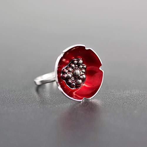 Handmade Enamel Poppy Flower Statement Ring - Unique Red Silver Jewelry for Women | Boho Chic Accessory, Gift for Her, Wedding, Party & Everyday Wear