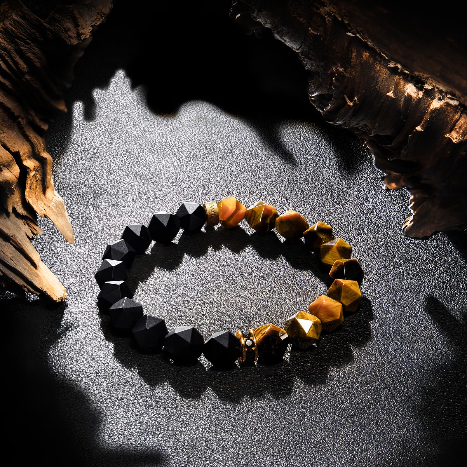 Premium Handmade Beaded Bracelet for Men - Tiger Eye, Onyx & Obsidian Natural Gemstones (10mm) with Sterling Silver Protection Charm - Adjustable Stretch Fit (5.9