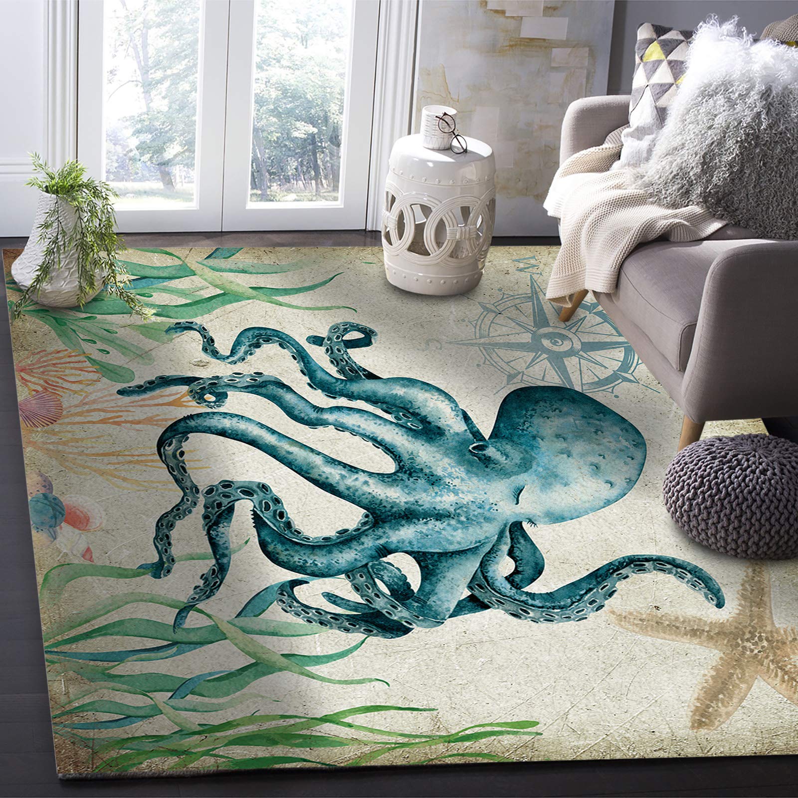 Large Modern Area Rug - Contemporary Non-Slip Accent Throw Rug for Living Room, Bedroom & Office - Underwater World Design with Octopus, Starfish & Nautical Compass - Anti-Fatigue Comfort Floor Mat for Standing Desk & Home Decor