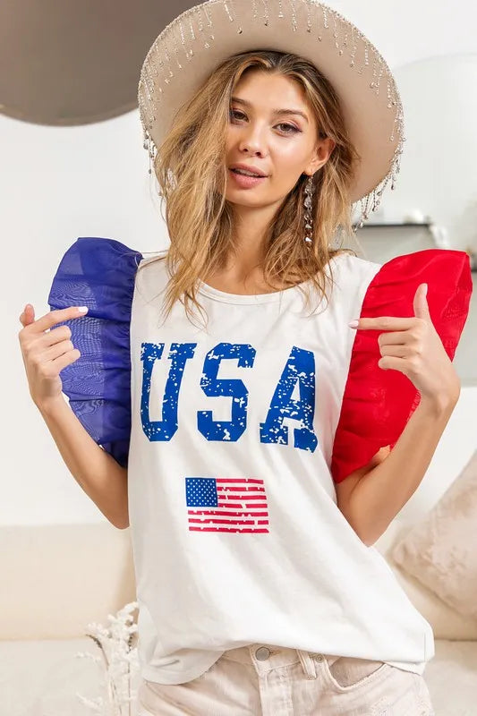 BiBi USA Women's Color Block Organza Ruffle Sleeve Blouse | Elegant Party Top for Weddings, Dinners & Special Occasions