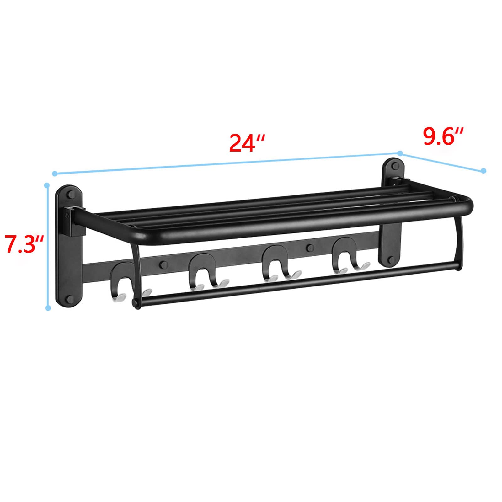 HOONEX Foldable Stainless Steel Towel Rack - 24 Inch Wall Mounted Bathroom Organizer with Adjustable Towel Bar & Hooks - Space Saving 304 Stainless Steel Towel Holder for Small Bathrooms, Laundry Rooms & RVs - Black