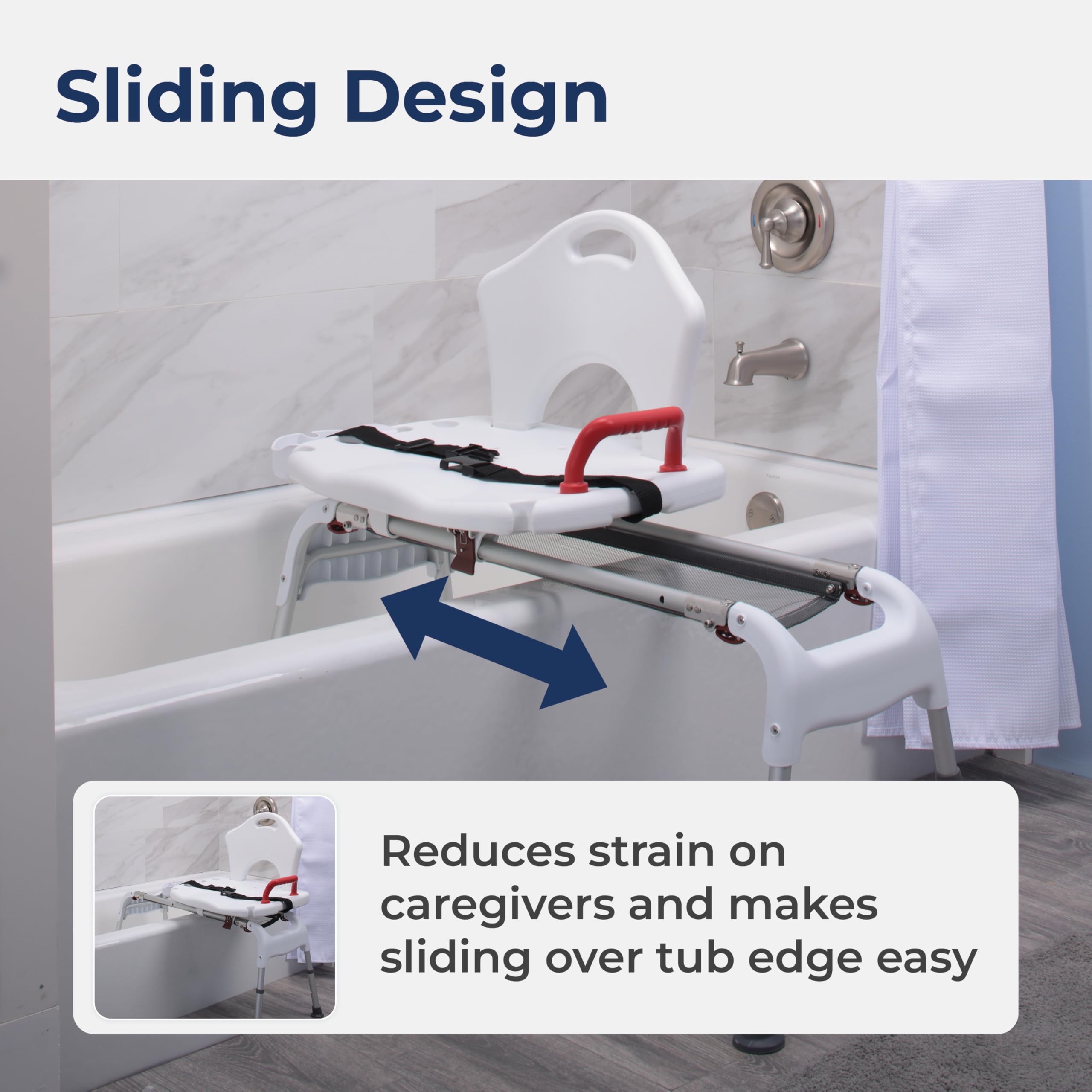 Drive Medical RTL12075 Adjustable Height Sliding Bathtub Transfer Bench - Shower Chair with Armrests & Seatbelt, 300 lb Weight Capacity, White - Ideal for Elderly & Mobility Assistance, Safe Bathing Solution for Disabled & Seniors