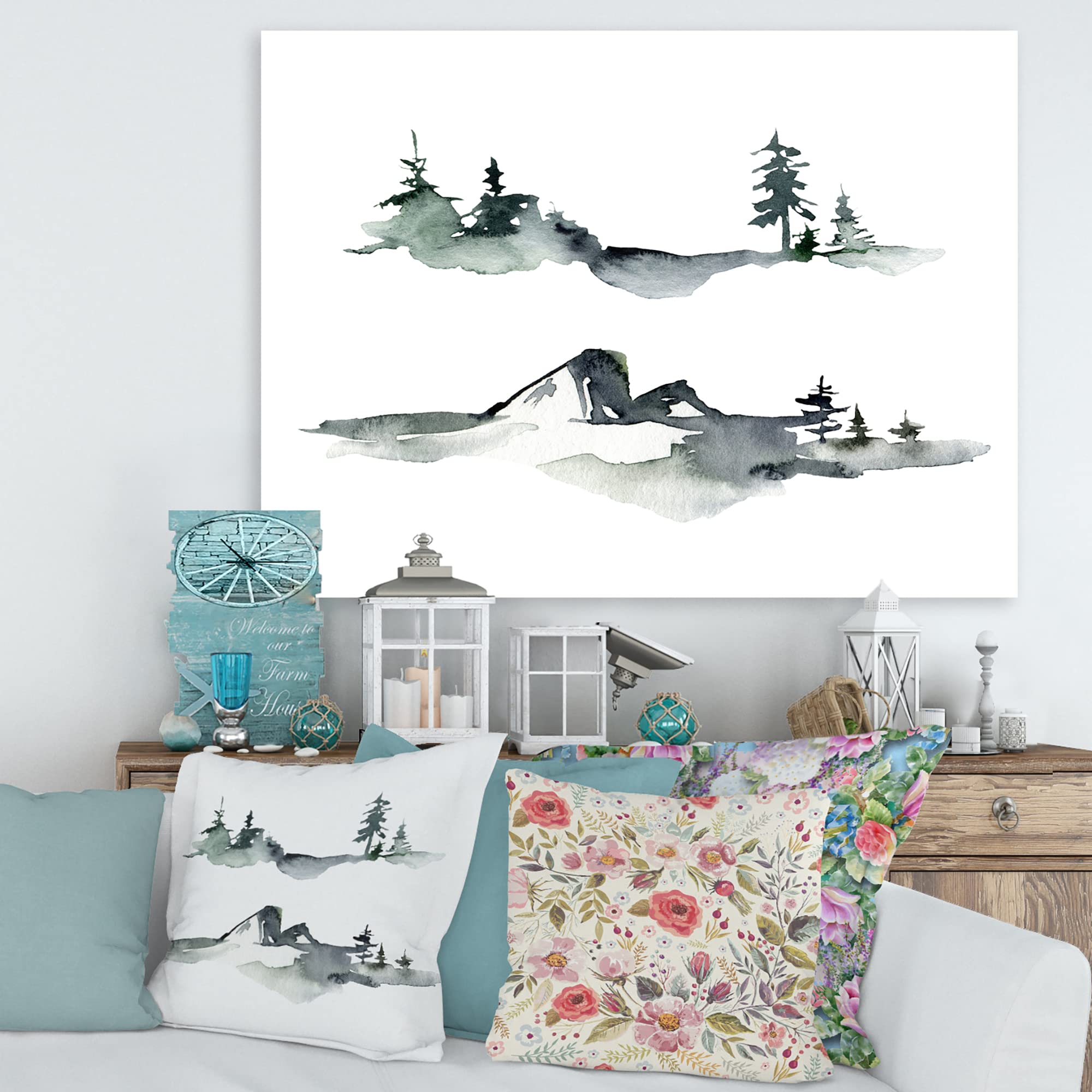 DesignQ Winter Dark Blue Mountain Landscape With Trees - Modern Canvas Wall Art for Living Room, Bedroom & Office Decor