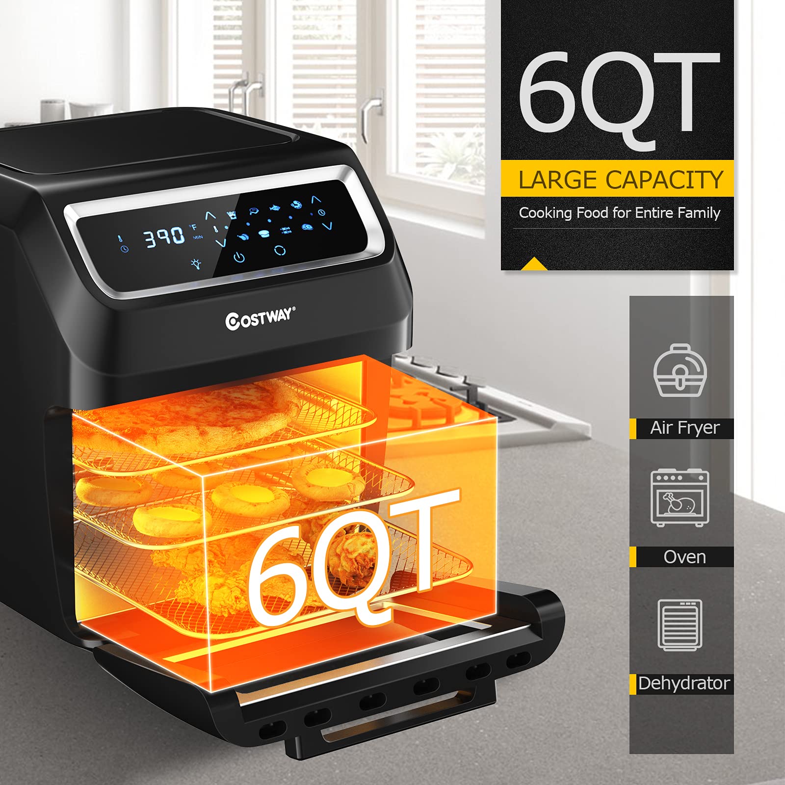 COSTWAY 8-in-1 Air Fryer Oven with Rotisserie & Dehydrator, 1700W Countertop Convection Oven with LED Touch Screen - Perfect for Pizza, Toast, Turkey, Roasting, and Healthy Snacks