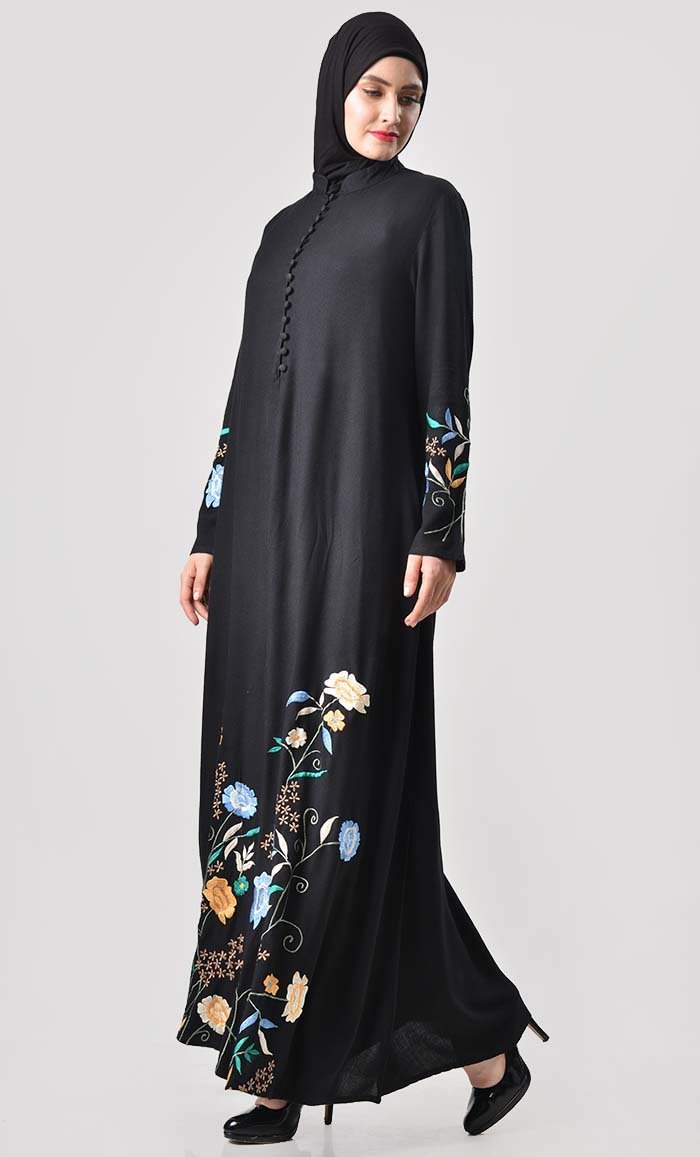 Bloom with Shine Embroidered Abaya - Elegant Islamic Dress for Women | Perfect for Prayer, Eid & Special Occasions