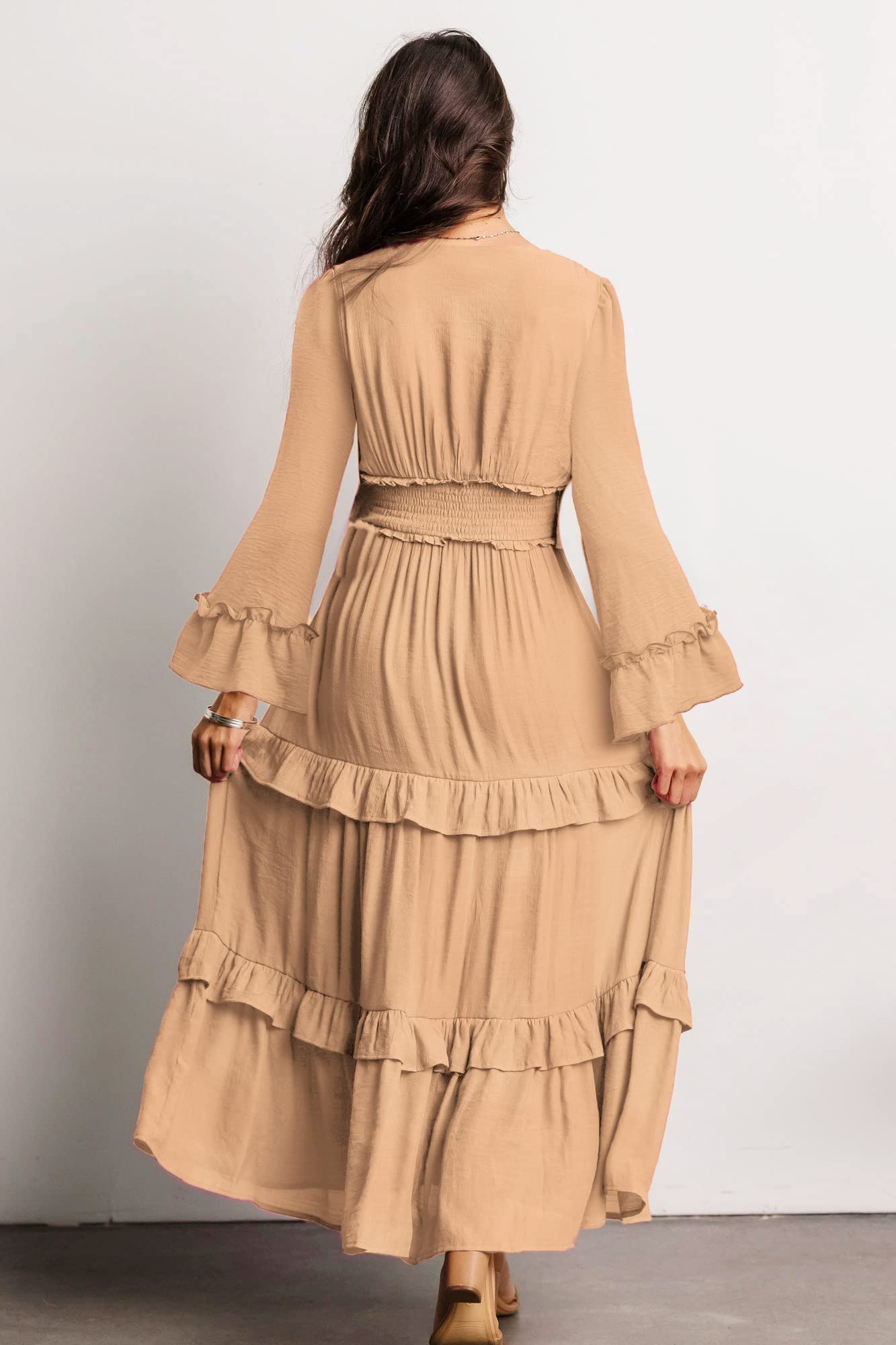 Amegoya Women's V-Neck Long Sleeve Boho Maxi Dress for Wedding Guest, Summer Engagement Party, Beach Vacation & Special Occasions - Flowy Elegant Long Dress
