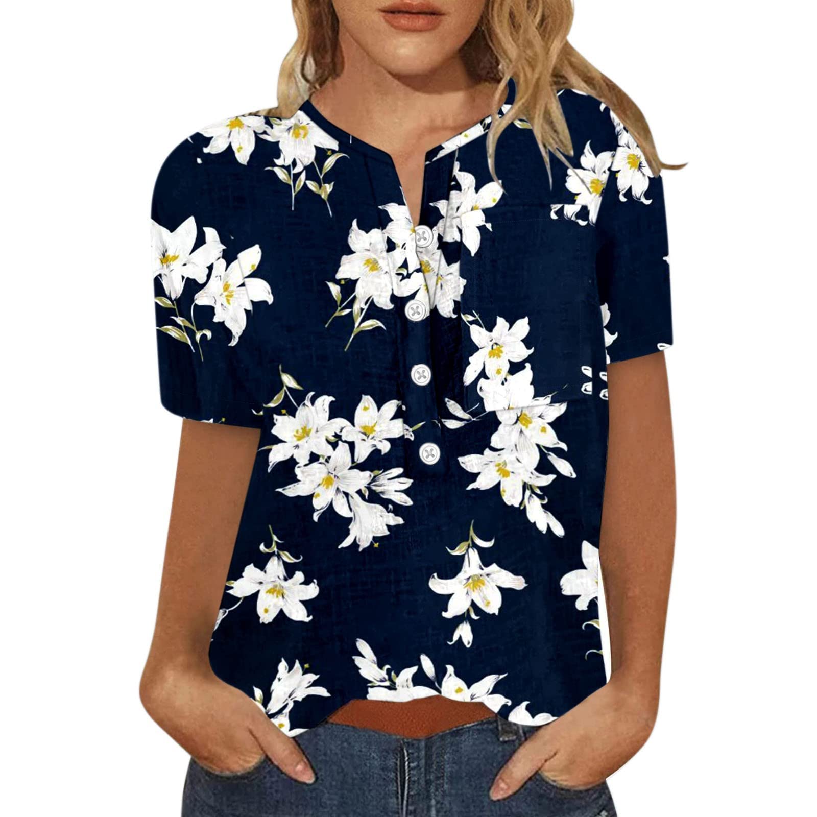 Women's Tie Dye V-Neck T-Shirt with Pocket - Summer Casual Top for Outings