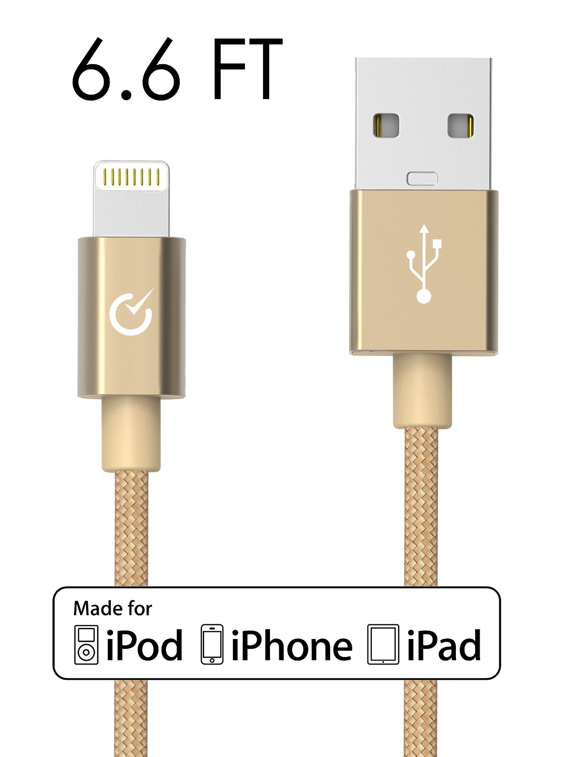 Apple MFi Certified 6.6-Ft Nylon Braided Lightning to USB Cable - Fast Charging & Durable (Gold) - Perfect for iPhone, iPad, Car, Home & Travel Use