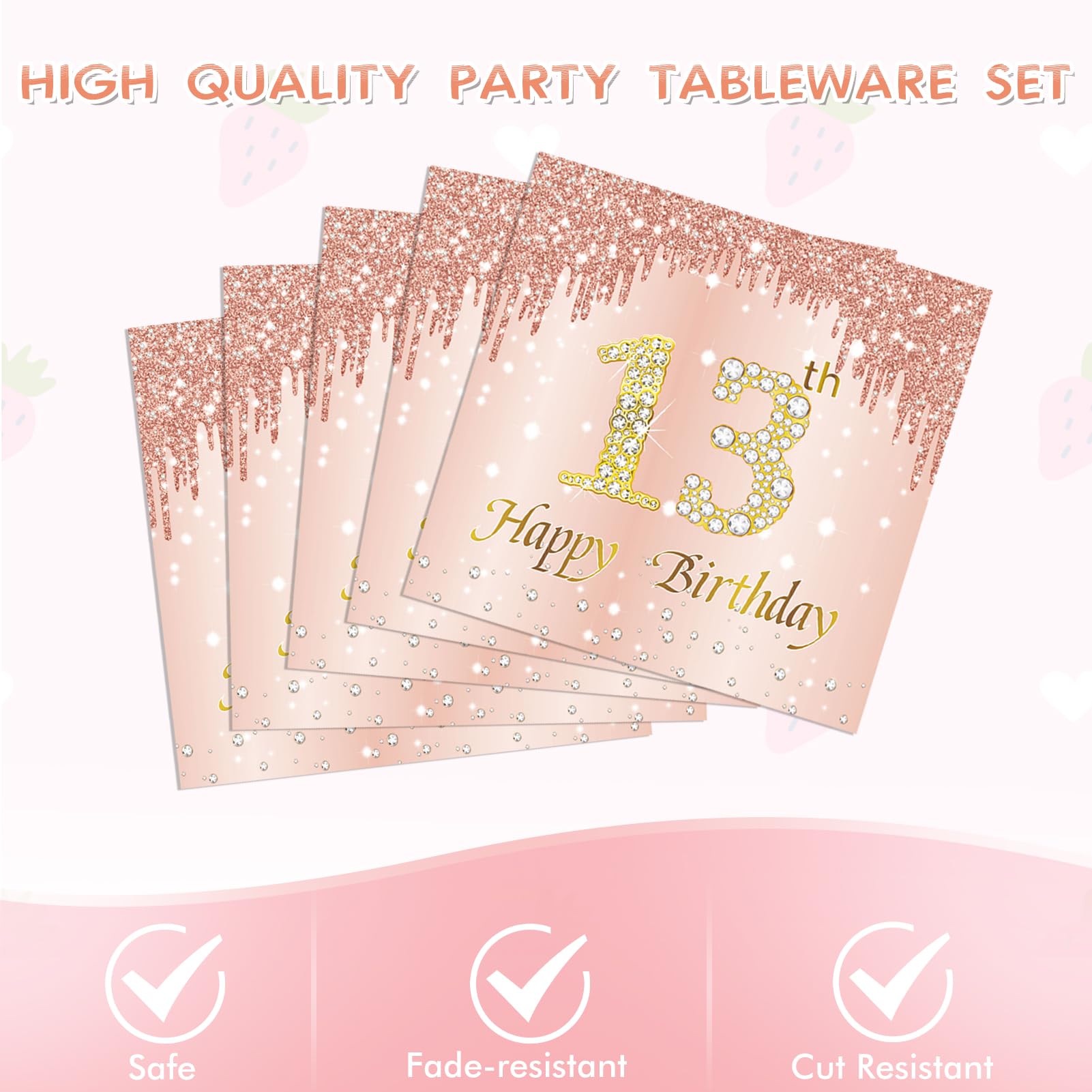 41PCS Rose Gold 13th Birthday Party Decorations Kit for Girls - Includes Happy Birthday Plates, Napkins & Tablecloth - Perfect for Teenager's 13th Birthday Celebration, Sweet 16 Party & Special Occasions