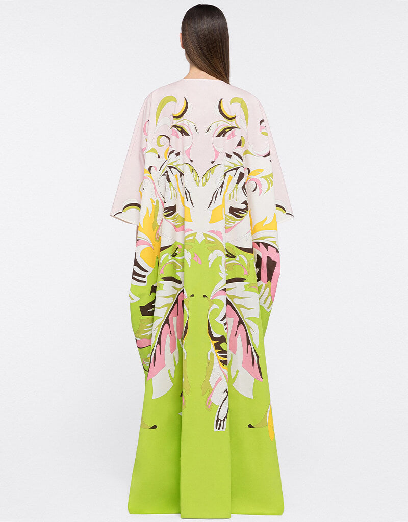 Luxury Beige & Green Crepe Kaftan Dress - Elegant Flowy Maxi Kaftan for Women - Perfect for Beach Cover Up, Resort Wear & Summer Vacation Outfits