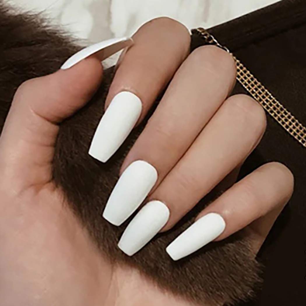 Brishow Matte Coffin False Nails - 24Pcs Ballerina Acrylic Stick on Nails, Full Cover Artificial Nail Tips for Women & Girls (White) | Perfect for Parties, Weddings & Everyday Glam