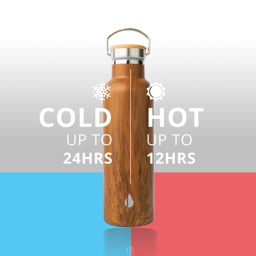 Elemental Classic 25oz Stainless Steel Water Bottle - Double Wall Insulated, Leak Proof Thermos with Bamboo Lid & Teak Wood Finish - Perfect for Travel, Gym, Sports, Hiking & Everyday Hydration
