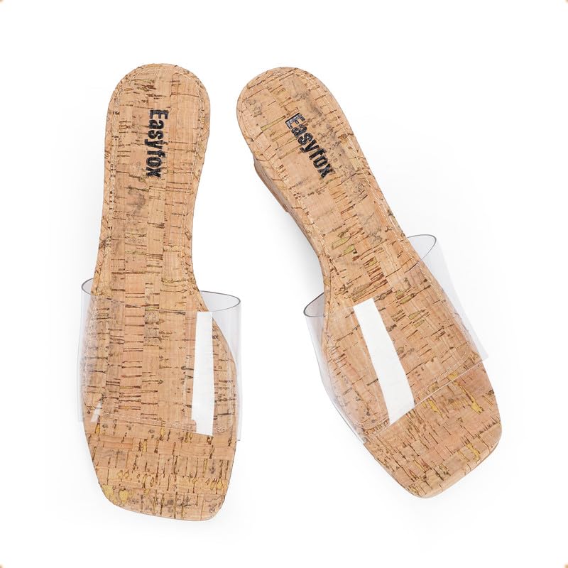 Women's Open Toe Wedge Sandals with Square Toe & Wood Grain Heel - Slip On High Heel Mules for Summer Outfits, Beach Vacations & Casual Wear