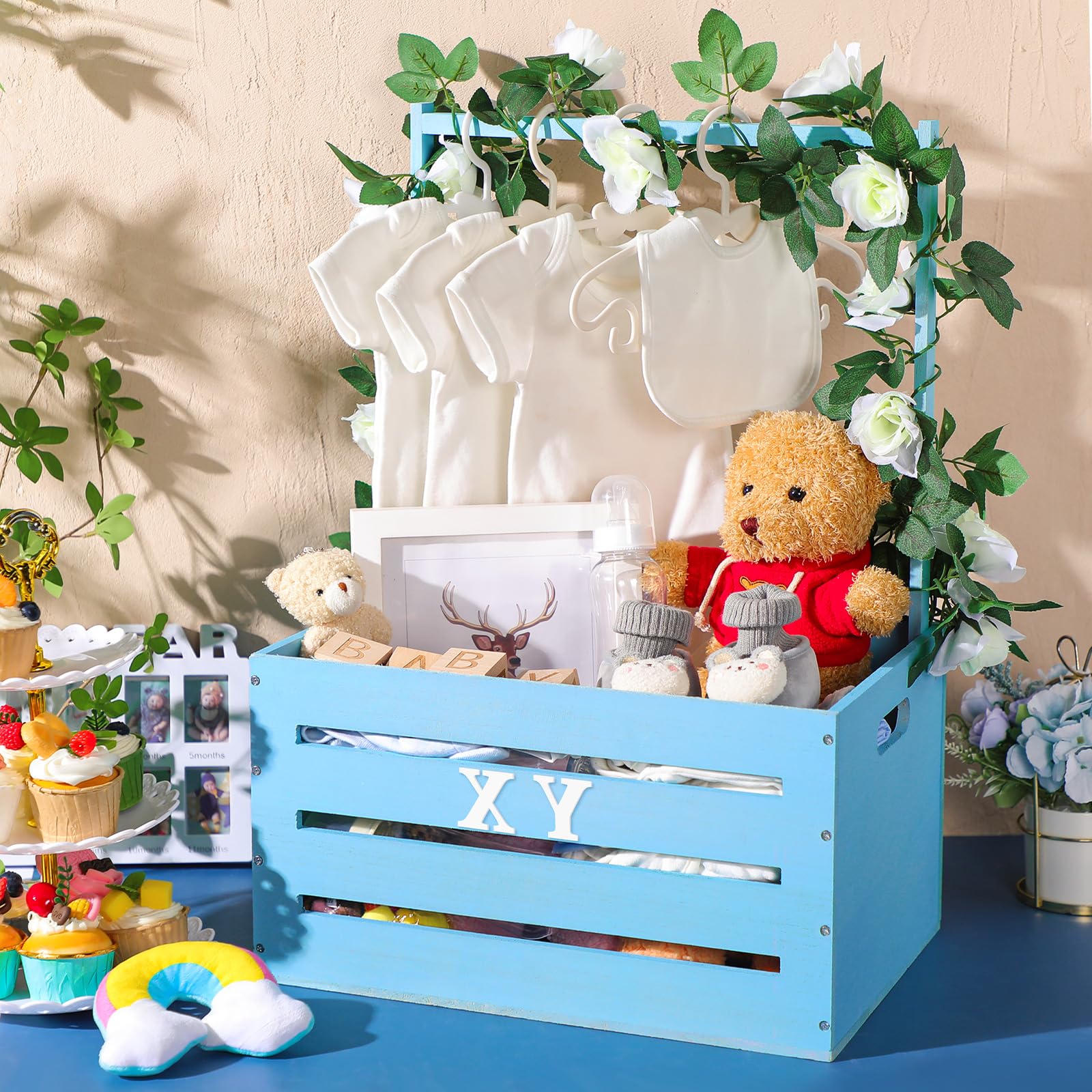 Barydat Wooden Baby Shower Storage Crate - Handmade Baby Basket with Handle & Garland Decor, Nursery Hamper for New Parents - Perfect for Baby Showers, Gender Reveals & Nursery Organization (Blue)