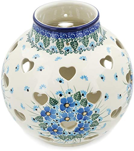 Handmade Polish Pottery 7-inch Votive Candle Holder - Ceramika Artystyczna Forget Me Not Design - Authentic Certificate Included | Perfect for Home Decor, Wedding Centerpieces & Holiday Candles
