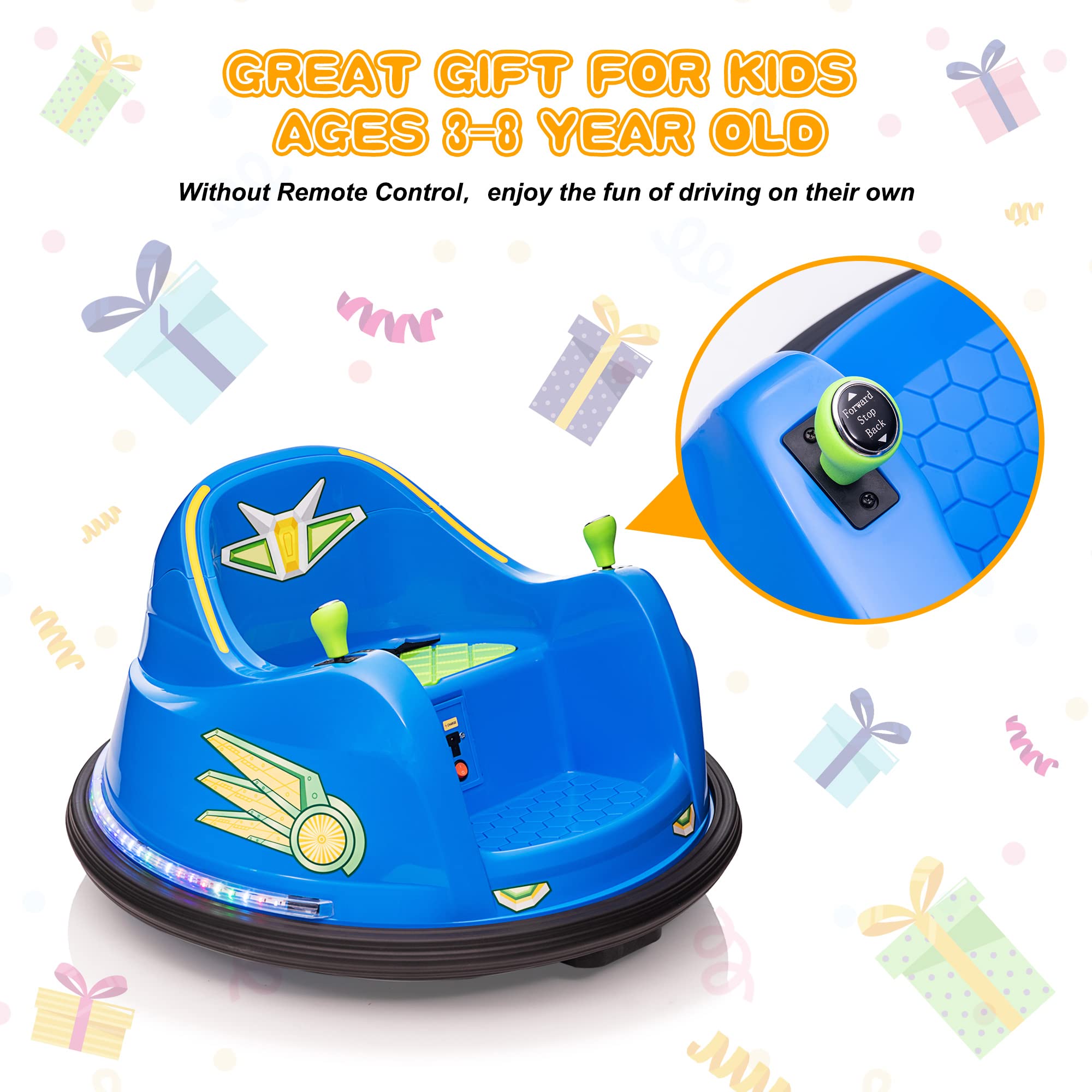 TOBBI 12V Kids Electric Bumper Car with Remote Control, 360° Spin, LED Lights & Music - Twin Motor Ride On Toy for Boys & Girls Ages 3-8 (Light Blue & Green) - Perfect for Indoor & Outdoor Play, Birthday Gifts & Family Fun