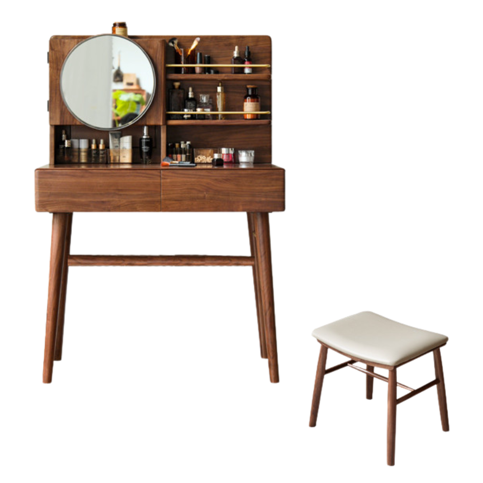 Black Walnut Solid Wood Moon Makeup Mirror Vanity Dressing Table - Elegant Bedroom & Bathroom Decor for Women