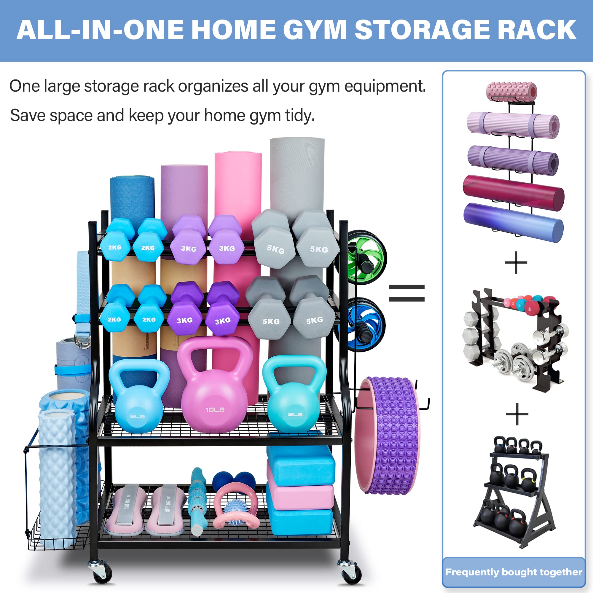 Dumbbell Rack & Yoga Mat Storage Organizer - Heavy Duty Home Gym Equipment Stand for Dumbbells, Kettlebells & Exercise Mats | Space-Saving Workout Gear Storage with Wheels | Perfect for Home Gym, Garage & Fitness Studio Organization